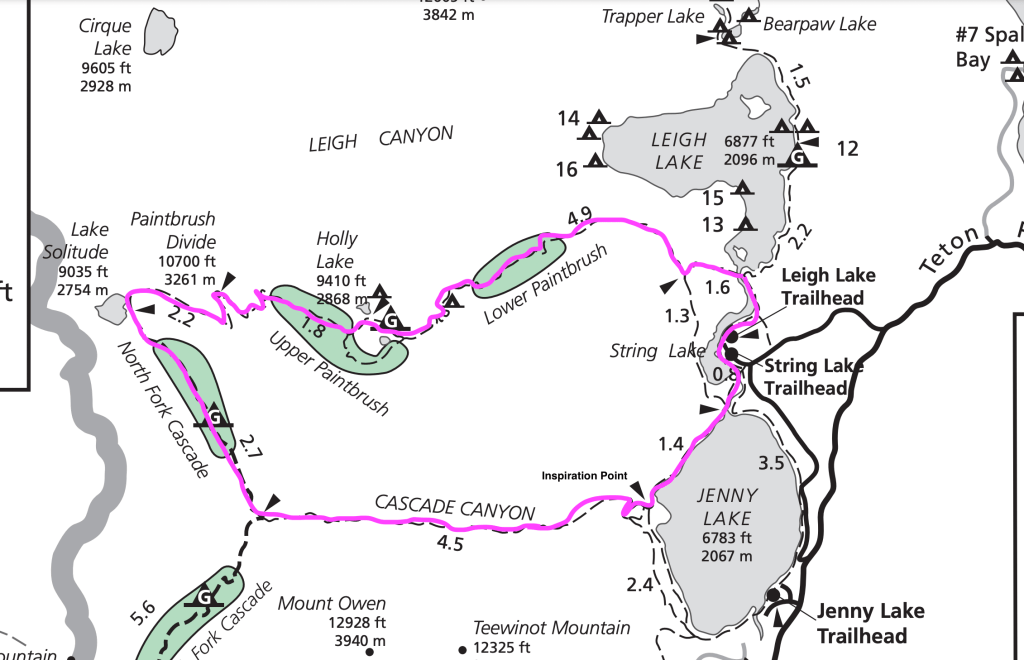 Map of the Paintbrush Canyon Cascade Canyon Loop