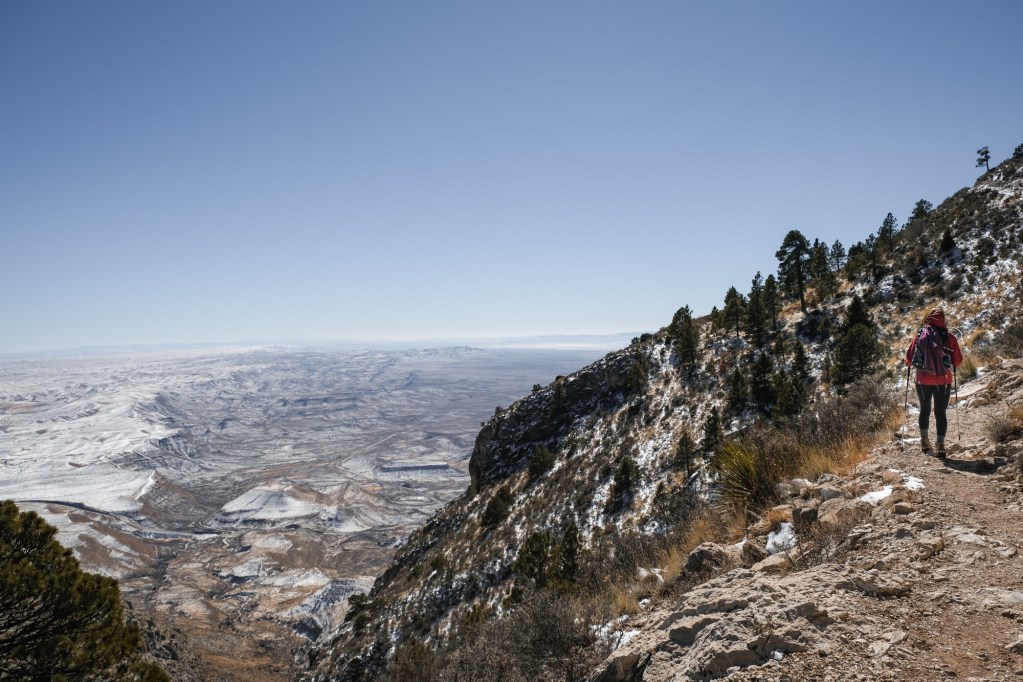 the trail leads along a sharp drop-off on the final push to the Guadalupe Peak summit