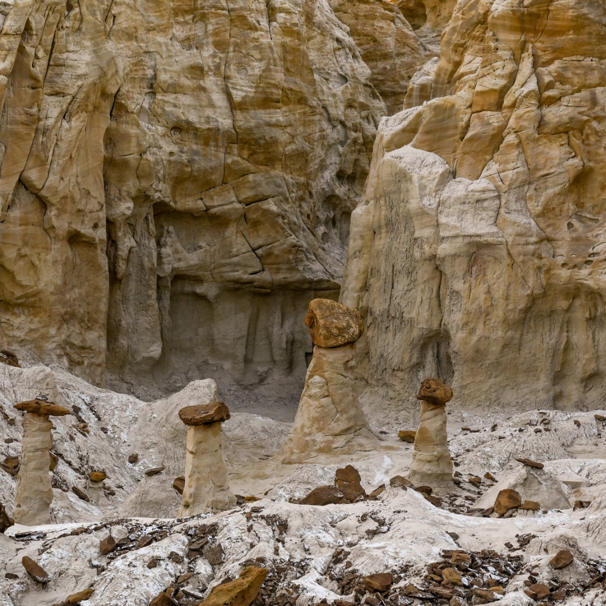A cluster of tan colored Toadstool Hoodoos in Grand Staircase Escalante
