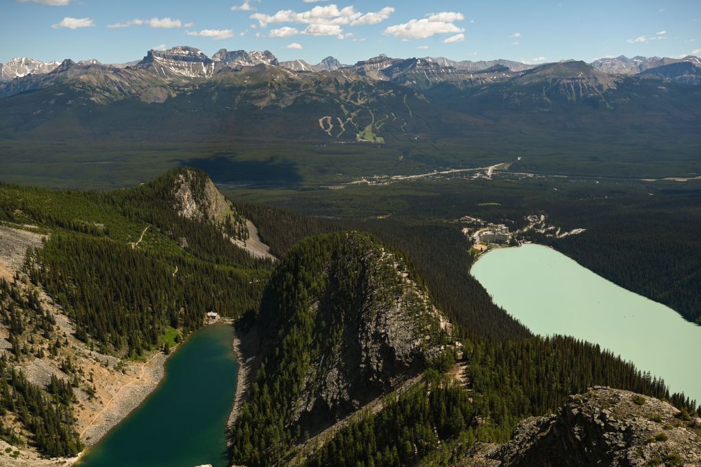 view of Lake Louise, Big Beehive, and Lake Agnes from Devil's Thumb